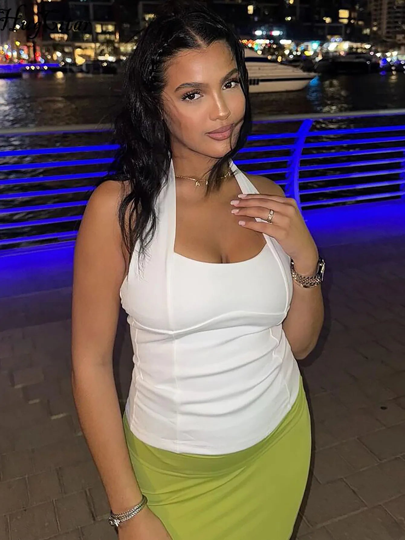 Backless summer tank top with embellishment at the back